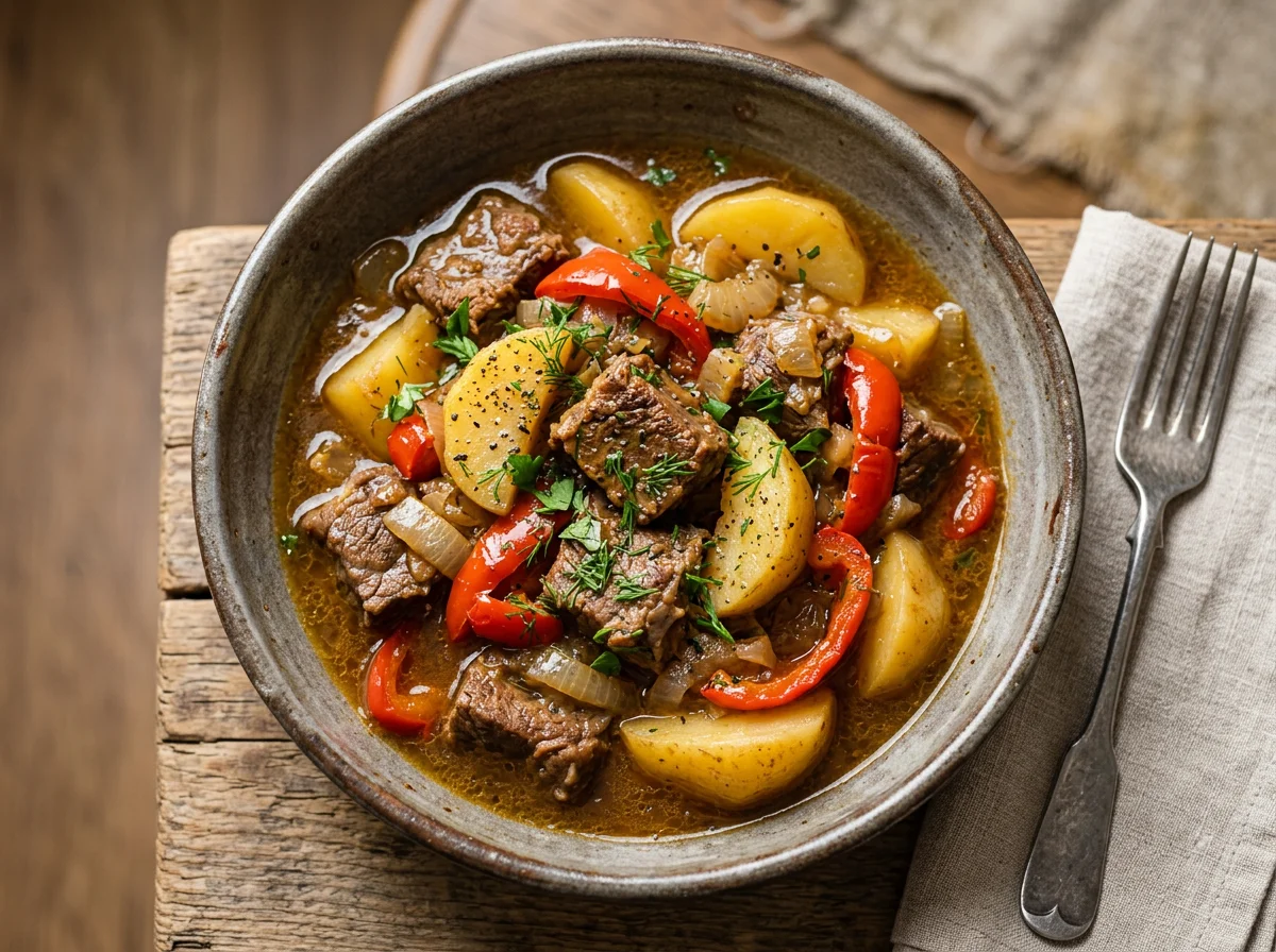 Тушеное мясо с картофелем, луком и перцем photo