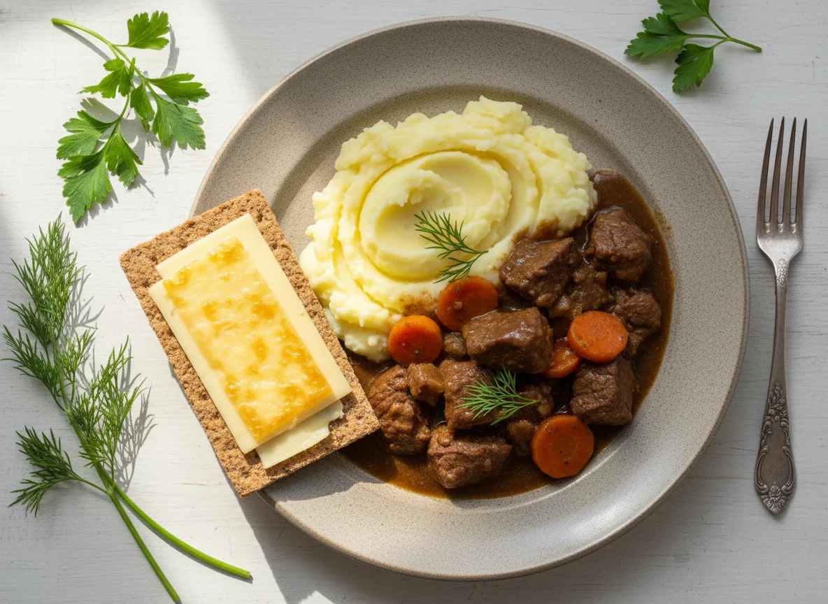 Тушеное мясо с картофельным пюре и хлебцем с сыром photo
