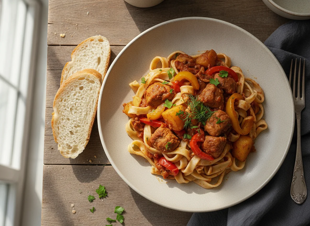 Тушеное мясо с лапшой и хлебом photo