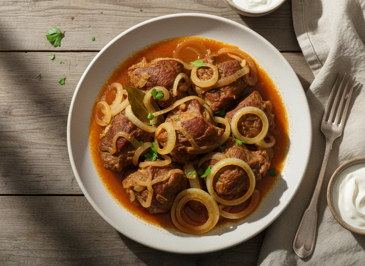 Тушеное мясо с луком photo