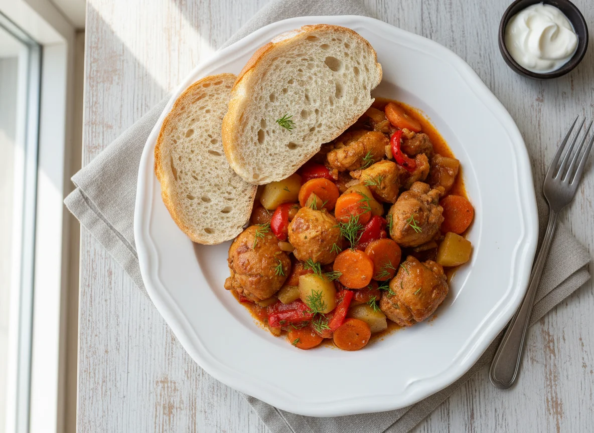 Тушеное мясо с овощами и хлебом photo