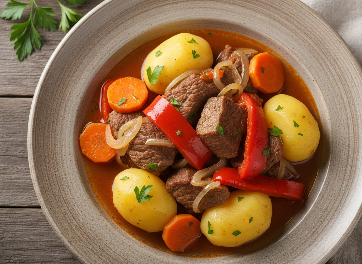 Тушеное мясо с овощами и картофелем photo