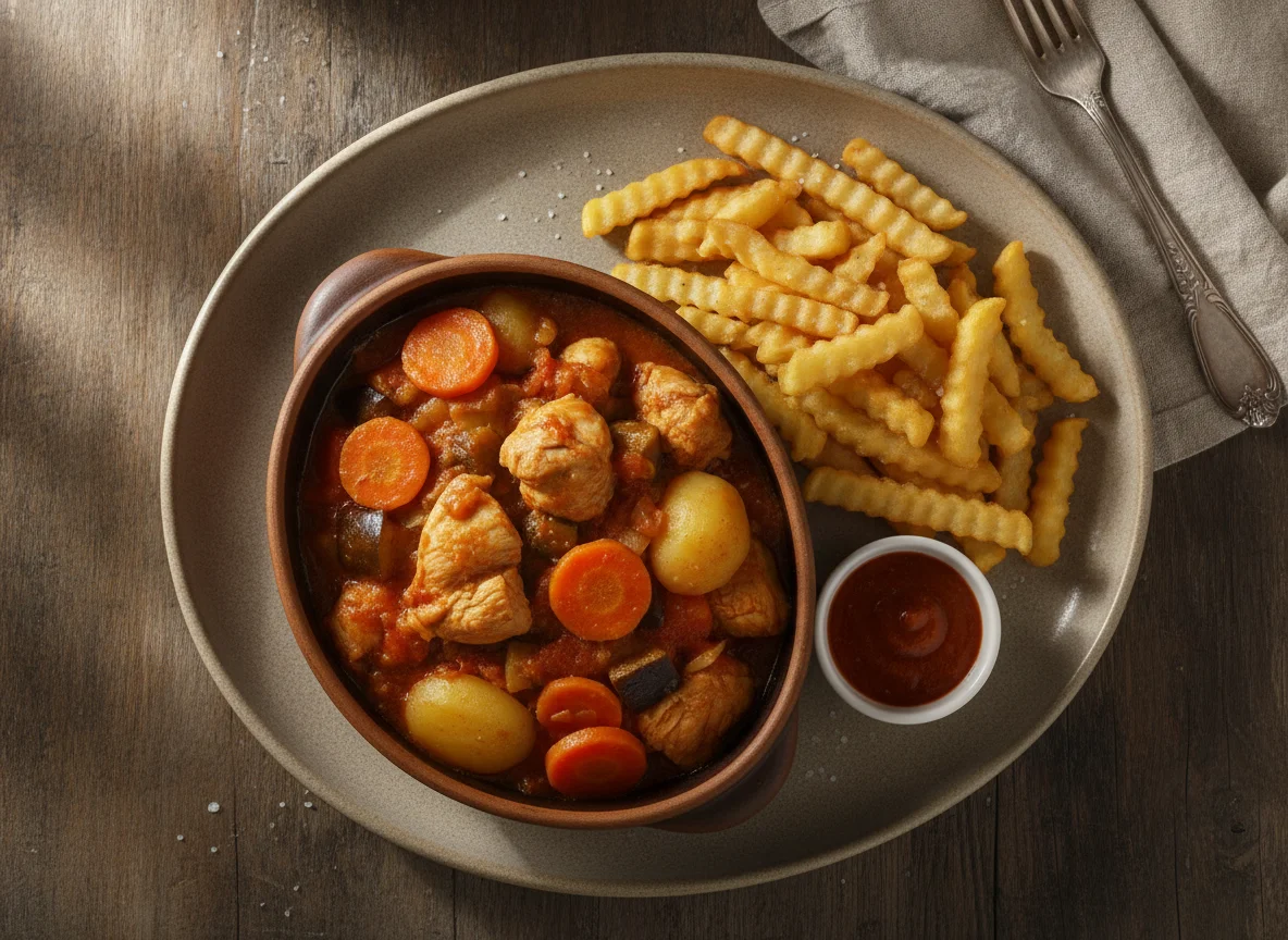 Тушеное мясо с овощами и картофелем фри photo