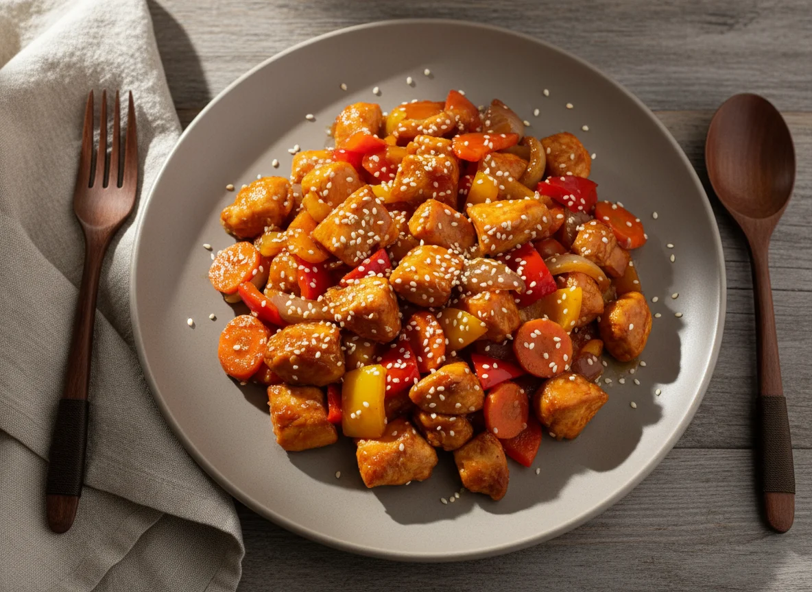 Тушеное мясо с овощами и кунжутом photo