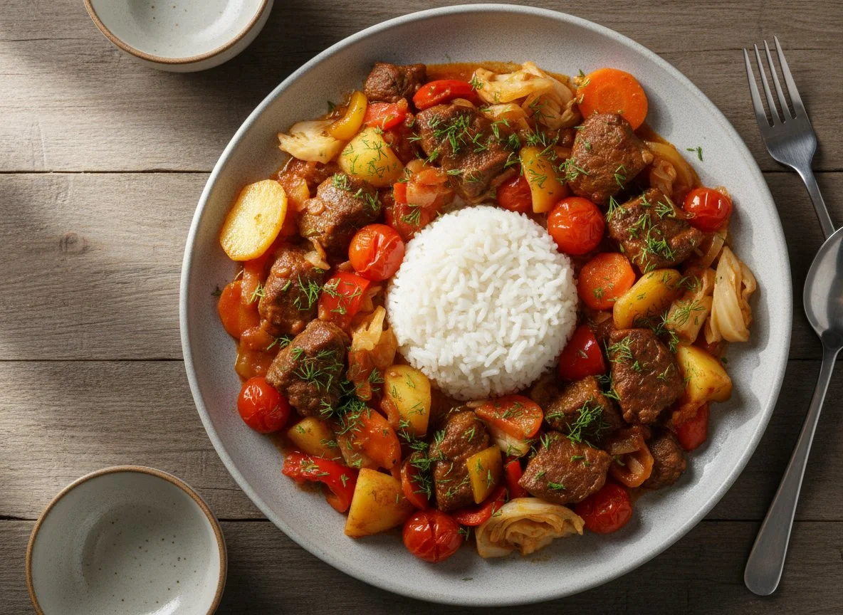 Тушеное мясо с овощами и рисом photo