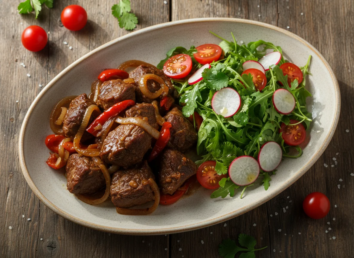 Тушеное мясо с овощами и свежим салатом photo