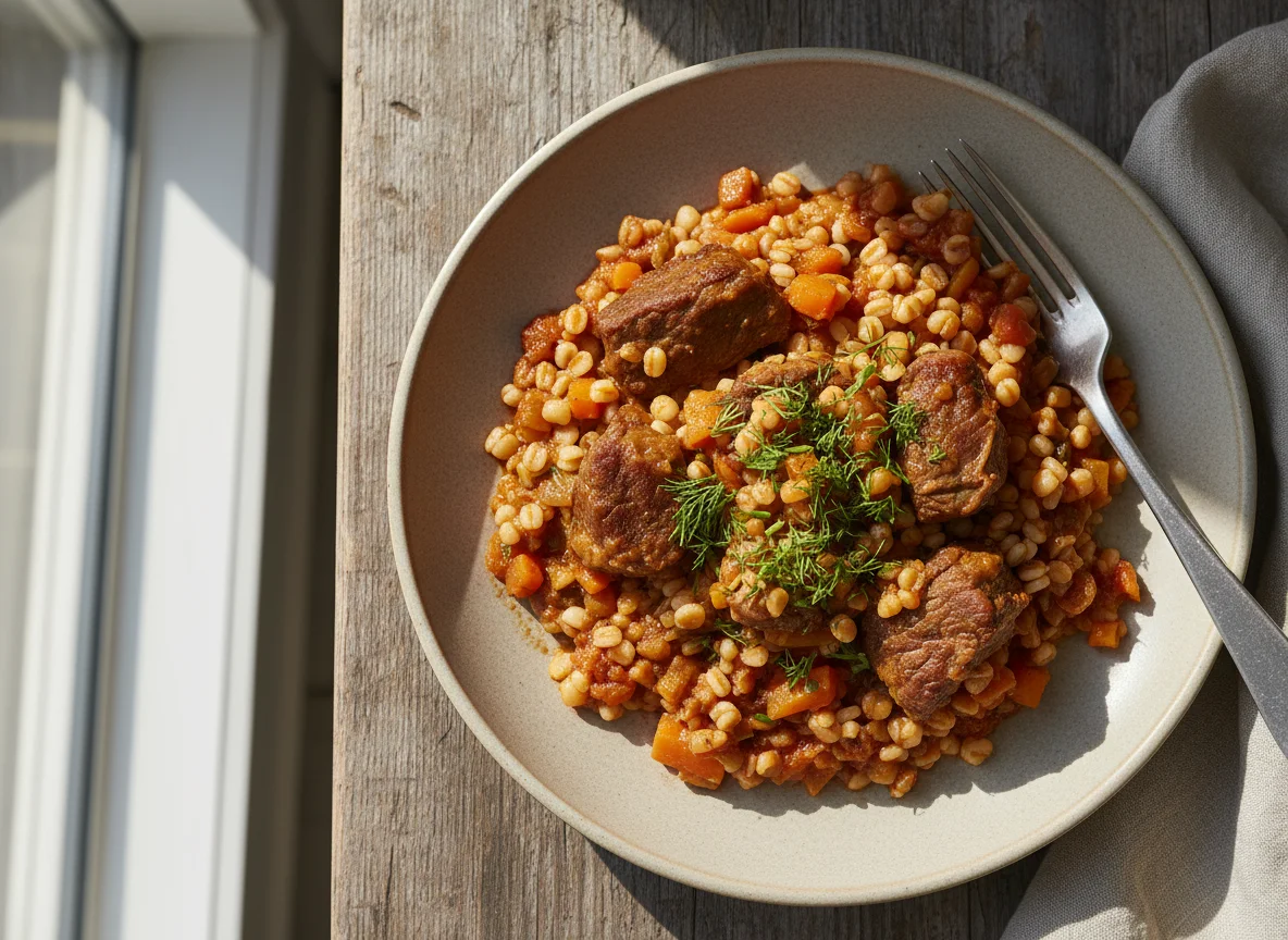 Тушеное мясо с перловой крупой и овощами photo