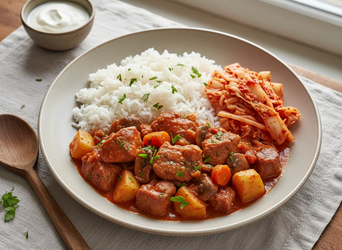 Тушеное мясо с рисом и кимчи photo