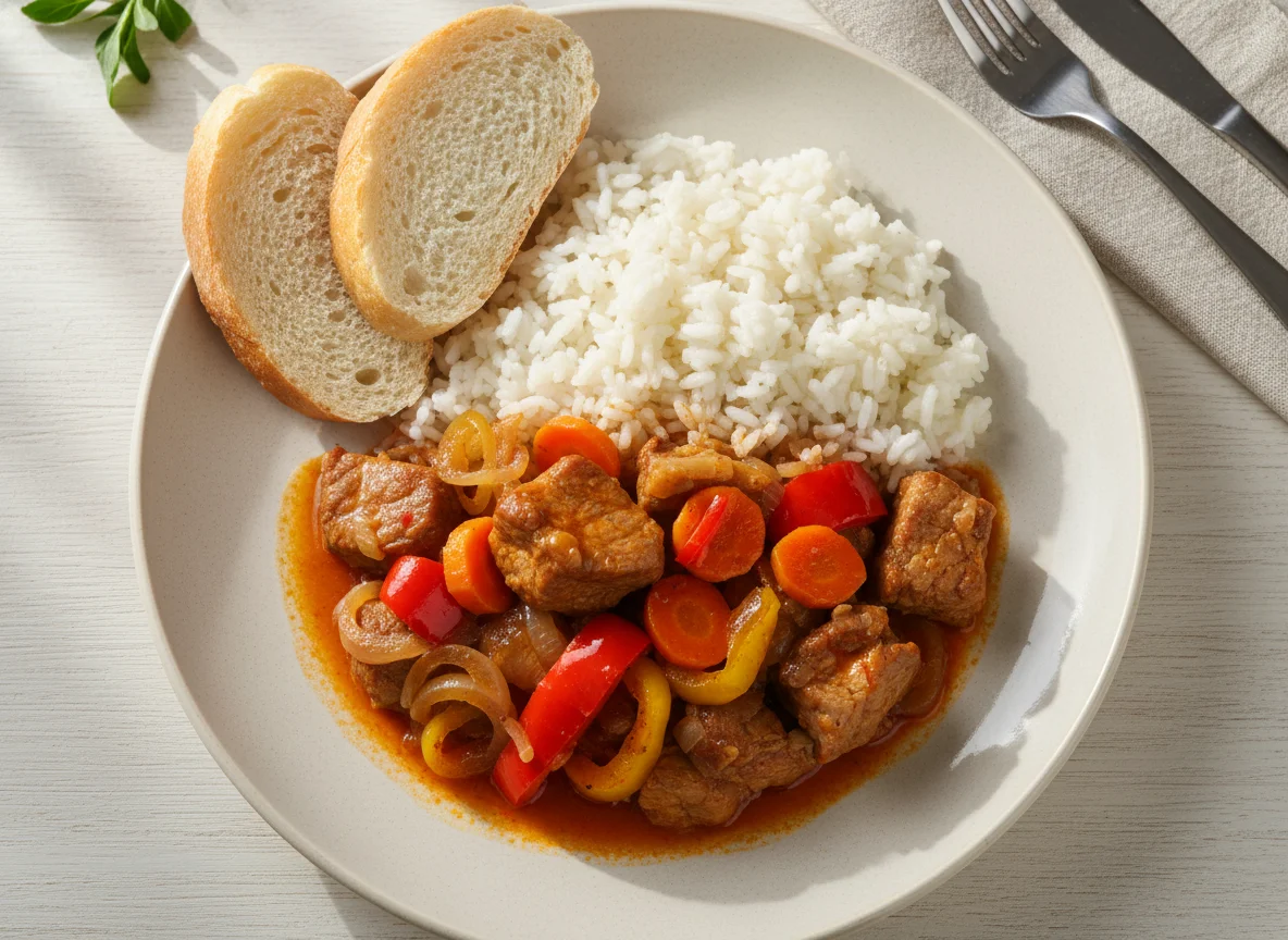 Тушеное мясо с рисом и овощами photo