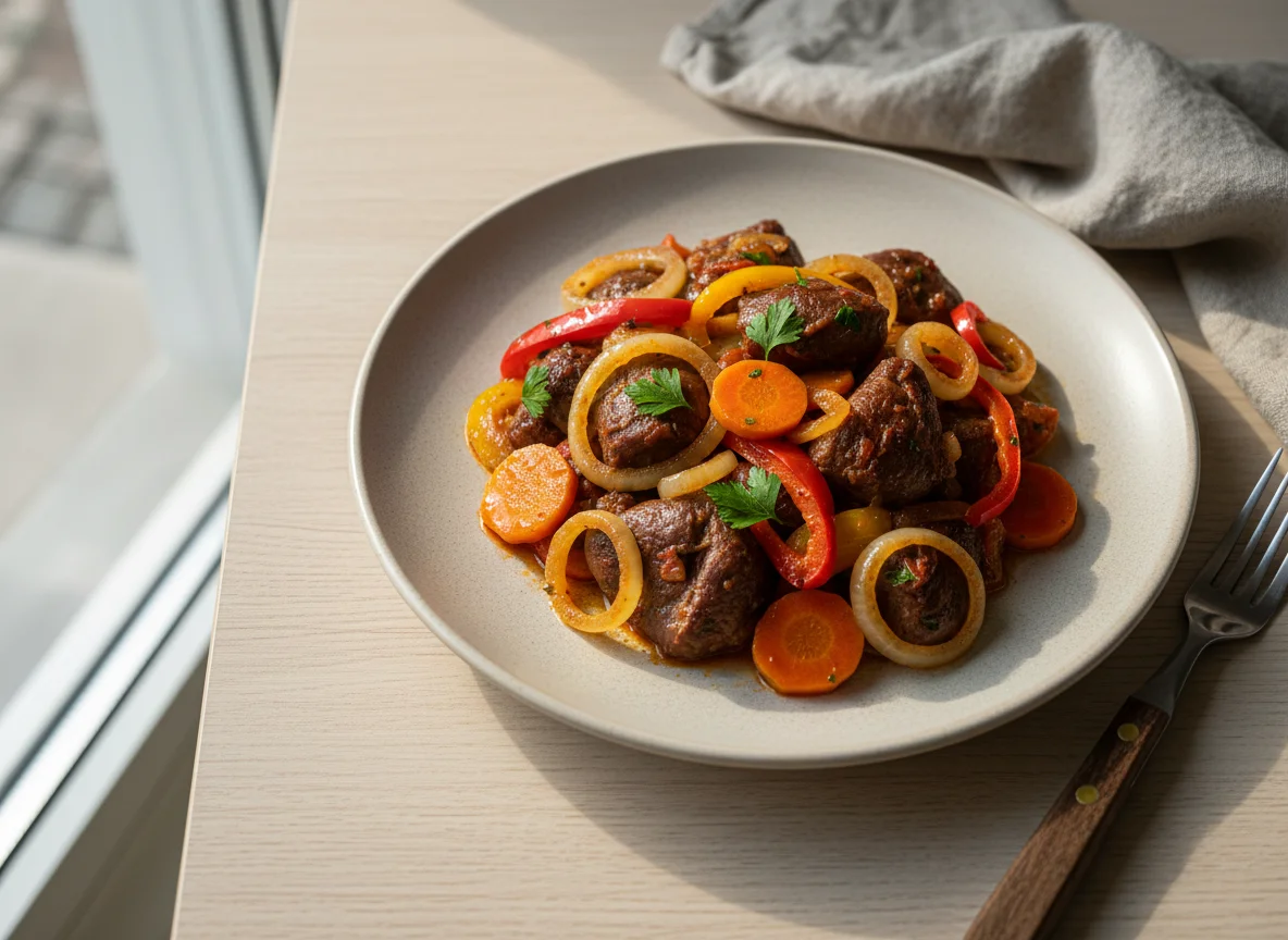 Тушеное свиное сердце с овощами photo