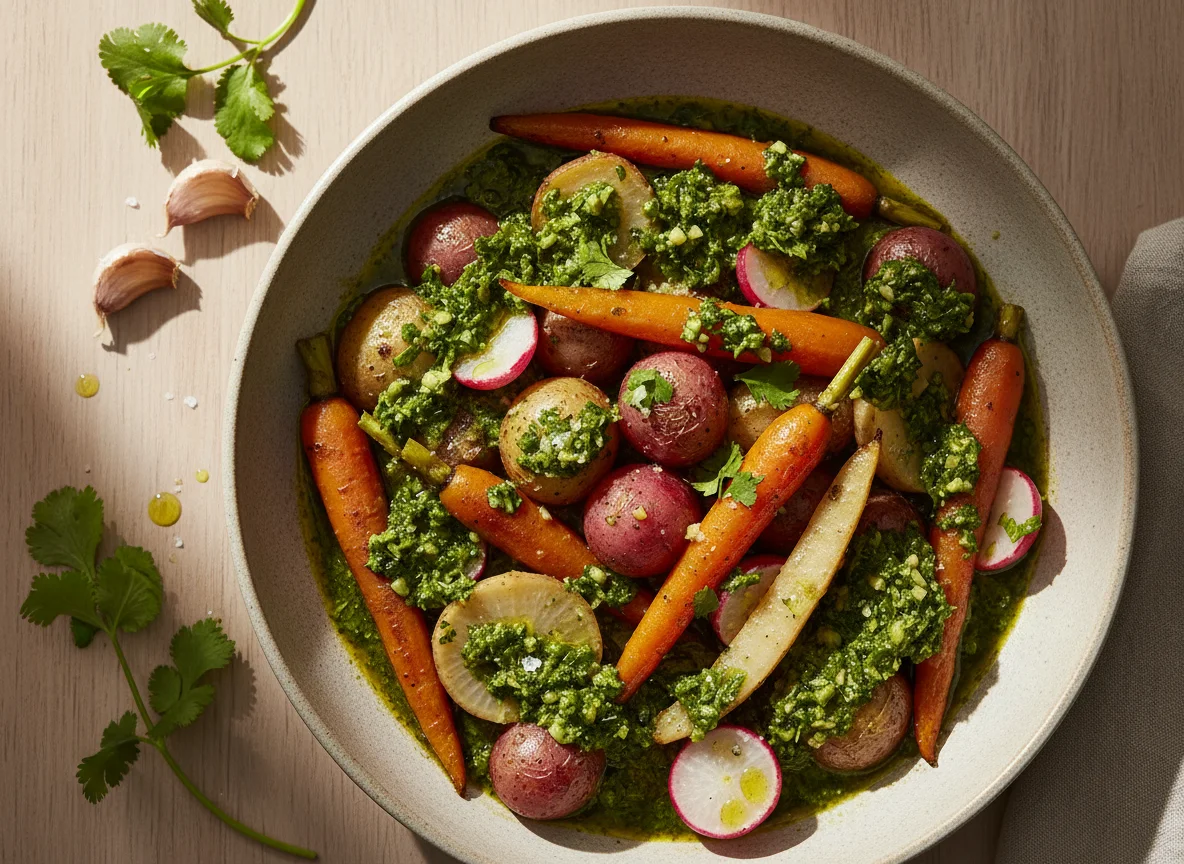 Тушеные корнеплоды под соусом из кинзы photo