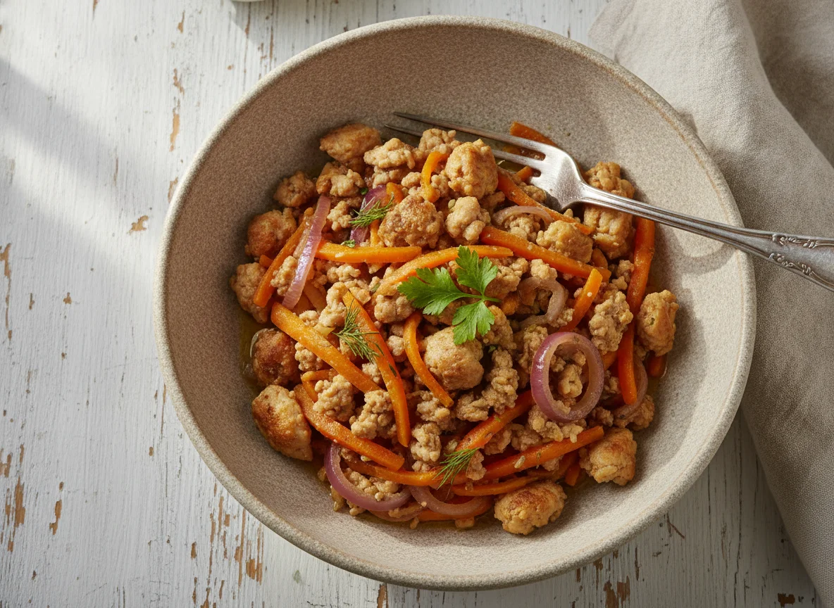 Тушеный фарш из куриной грудки с овощами photo