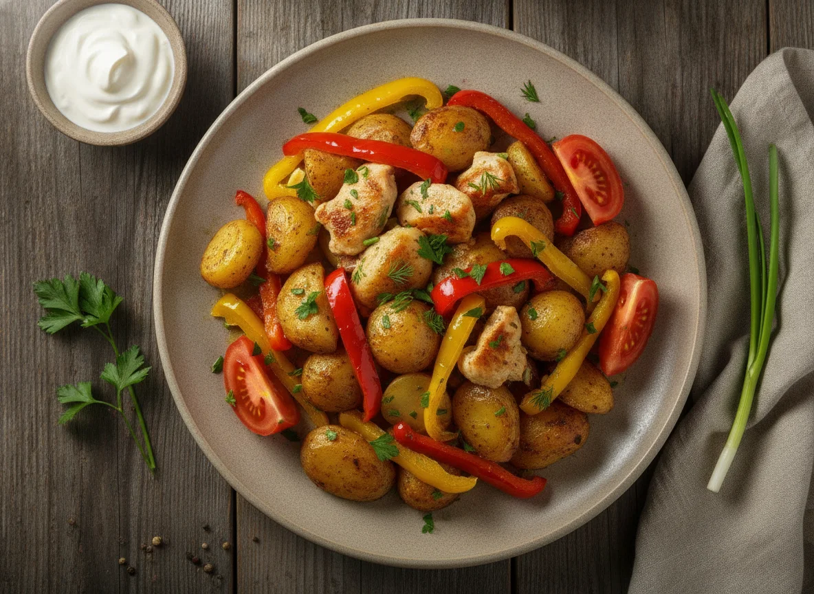 Тушеный картофель с курицей и овощами photo