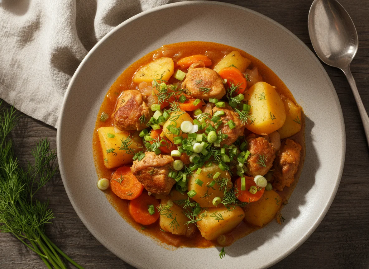 Тушеный картофель с мясом и овощами photo
