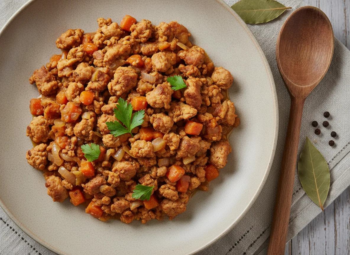 Тушеный куриный фарш с овощами photo