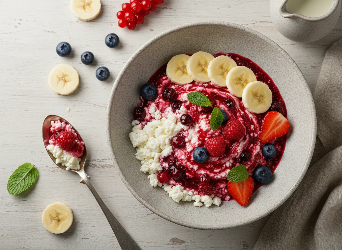 Творог с ягодами и банан photo