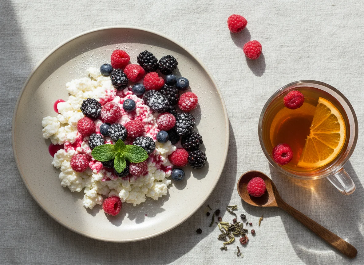 Творог с ягодами и чай photo