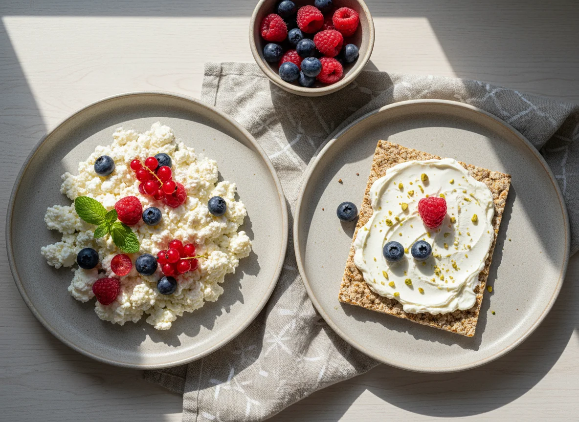 Творог с ягодами и хлебец с творожным сыром photo