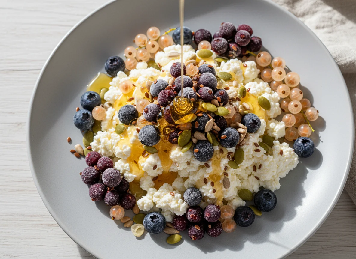 Творог с ягодами, семенами и медом photo