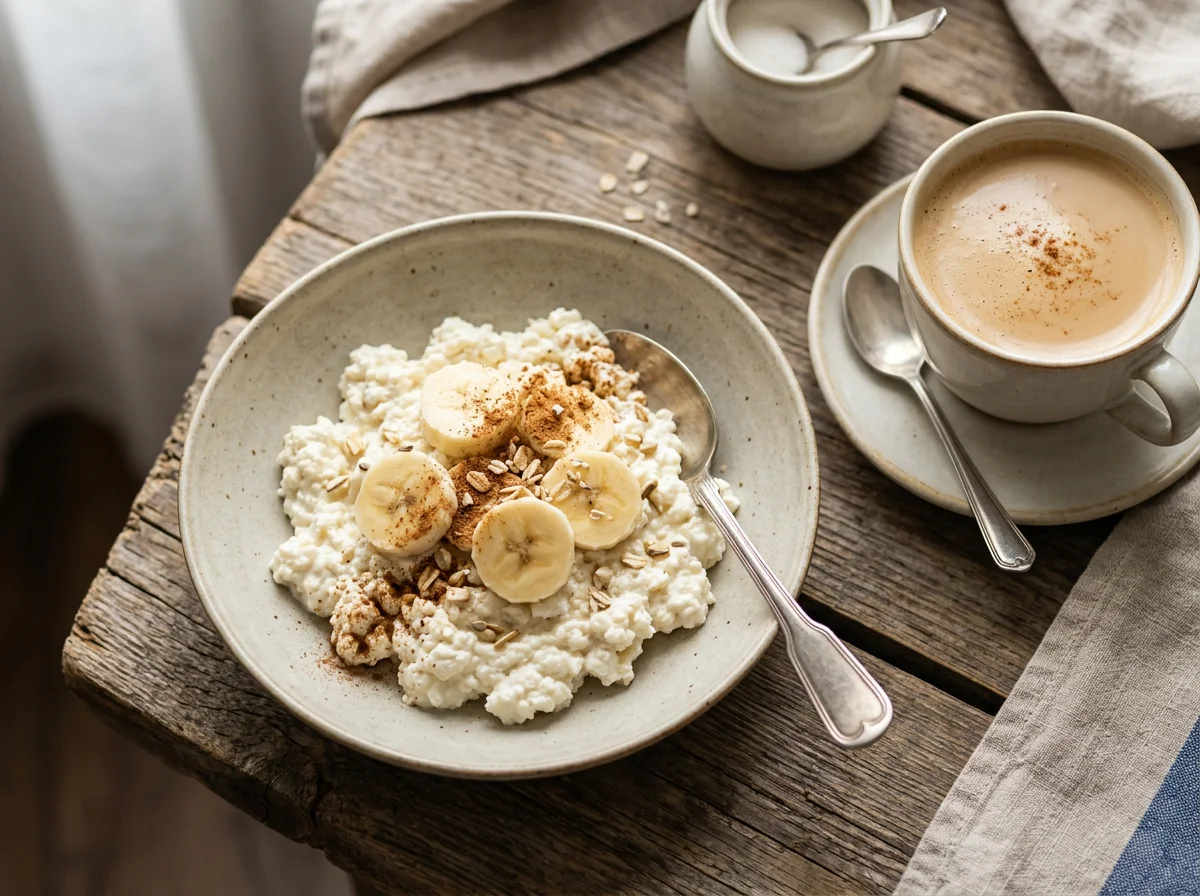 Творог с бананом и корицей, кофе с молоком photo