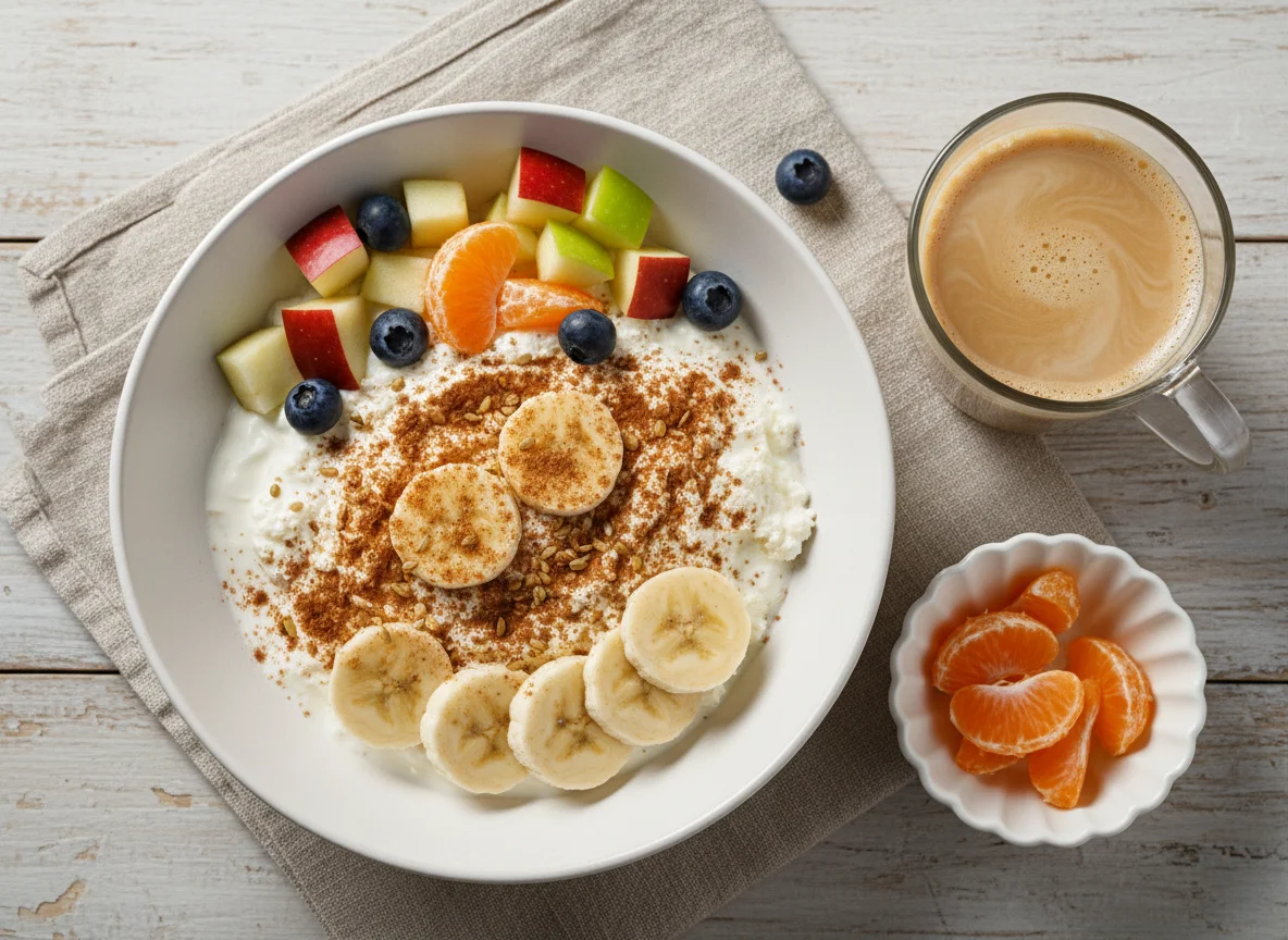 Творог с бананом, корицей и йогуртом, с добавлением яблока, мандарина и псиллиума photo