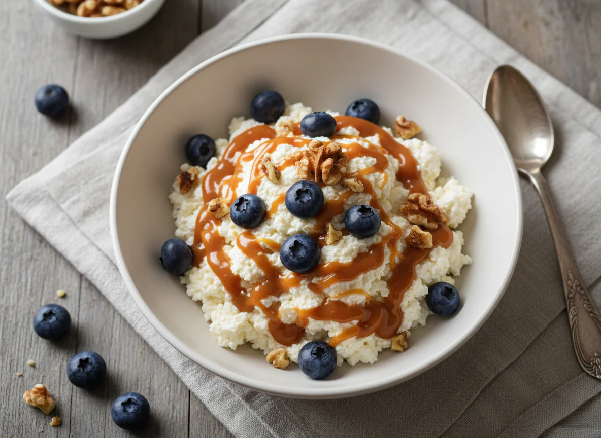 Творог с черникой, грецкими орехами и карамельным соусом photo