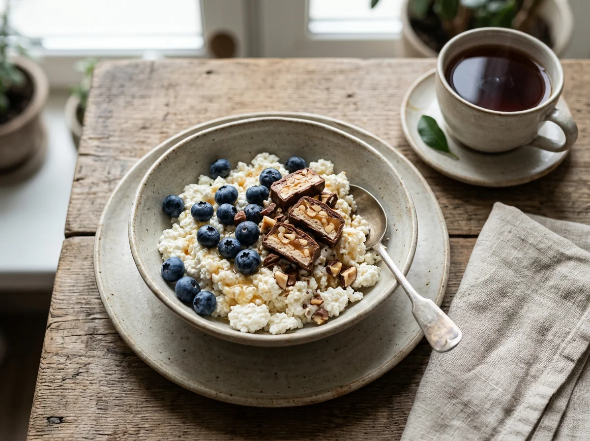 Творог с черникой и шоколадным батончиком photo