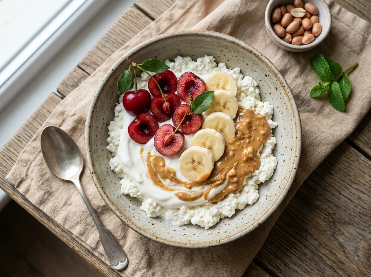 Творог с фруктами и арахисовой пастой photo