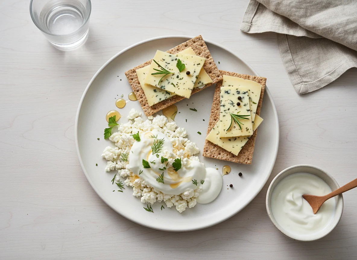 Творог с йогуртом и хлебцы с сыром photo