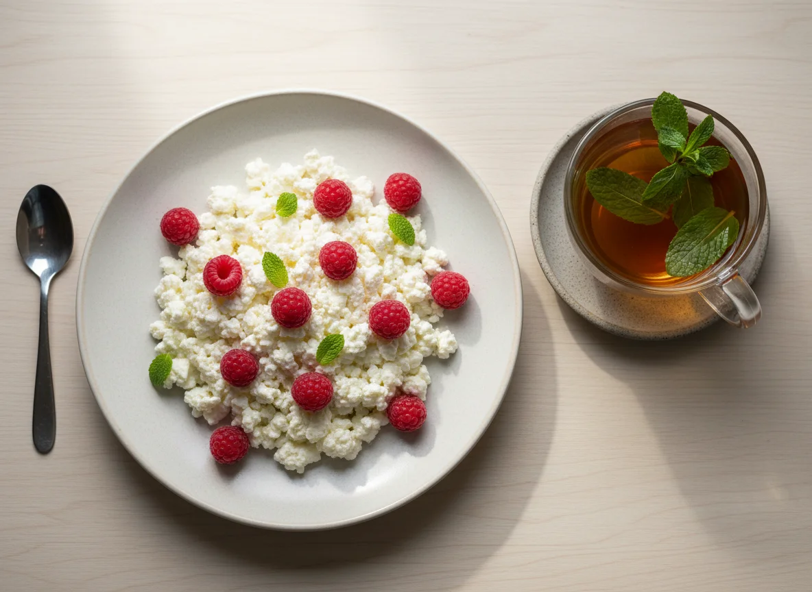 Творог с малиной и чай с мятой photo