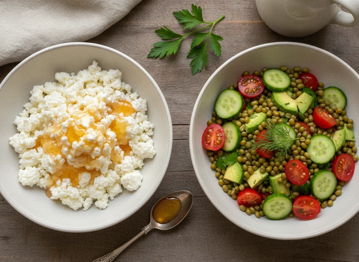 Творог с медом и салат из маша с овощами photo