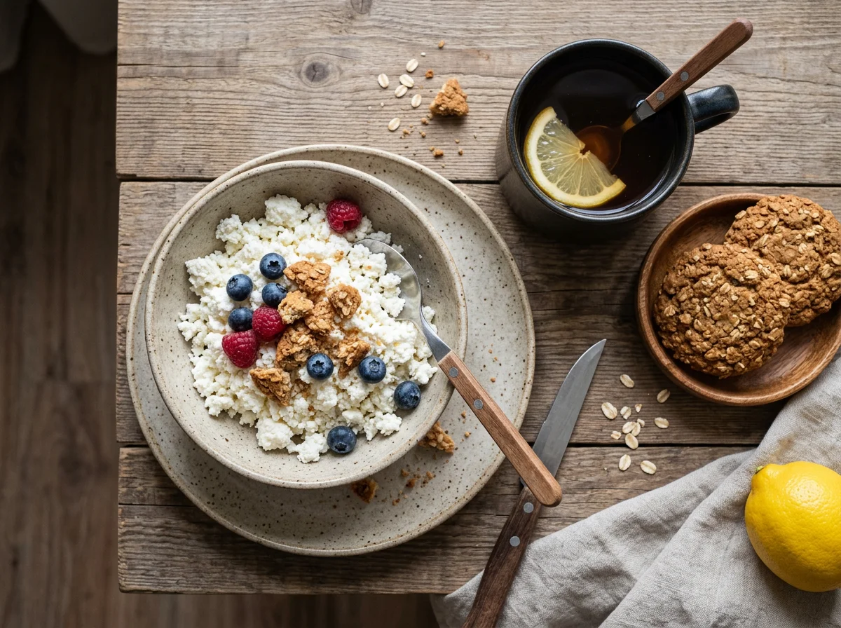 Творог с печеньем и чаем с лимоном photo