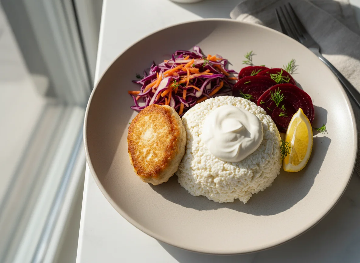 Творог с салатом и рыбной котлетой photo