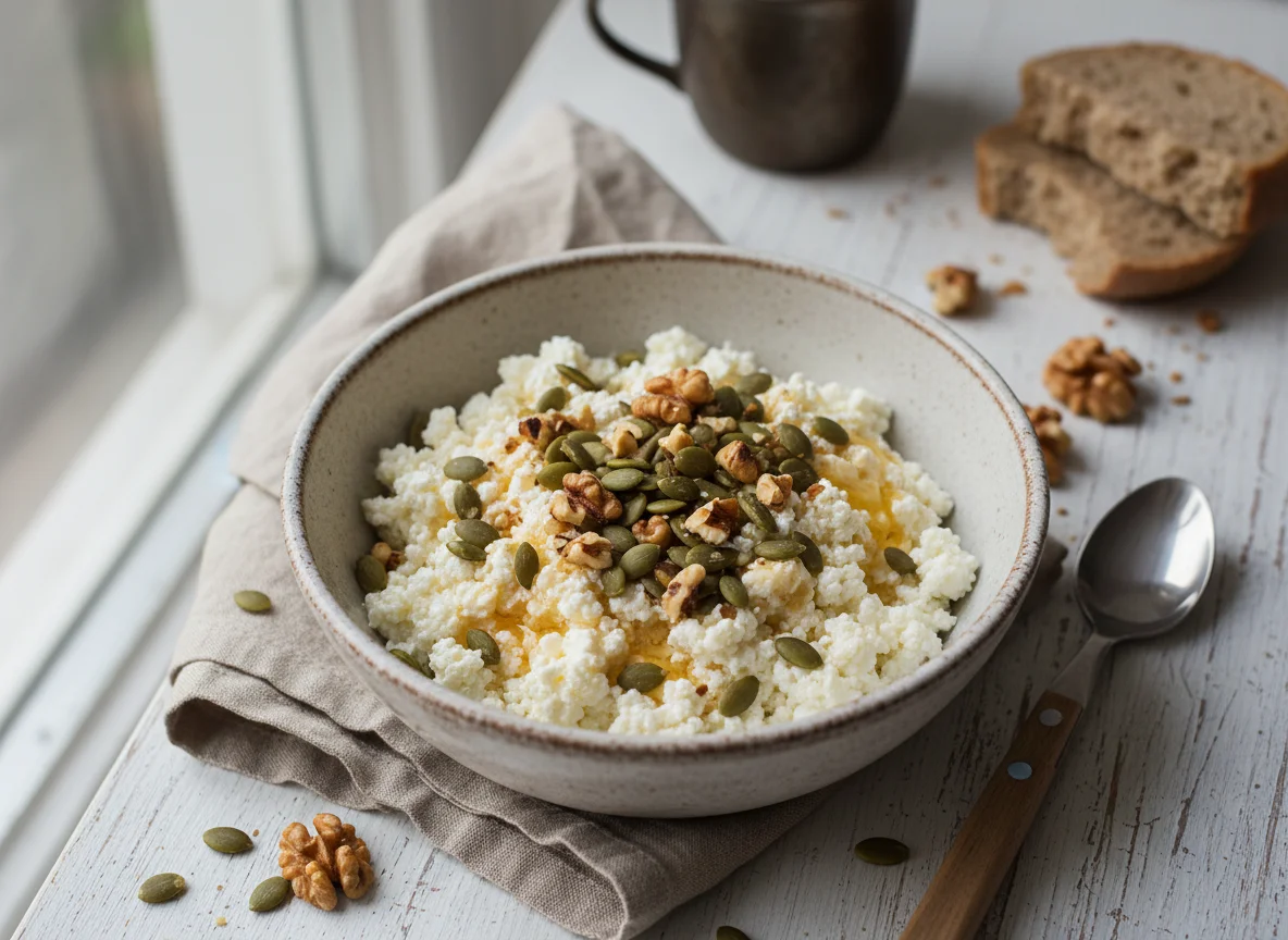 Творог с тыквенными семечками и грецкими орехами photo