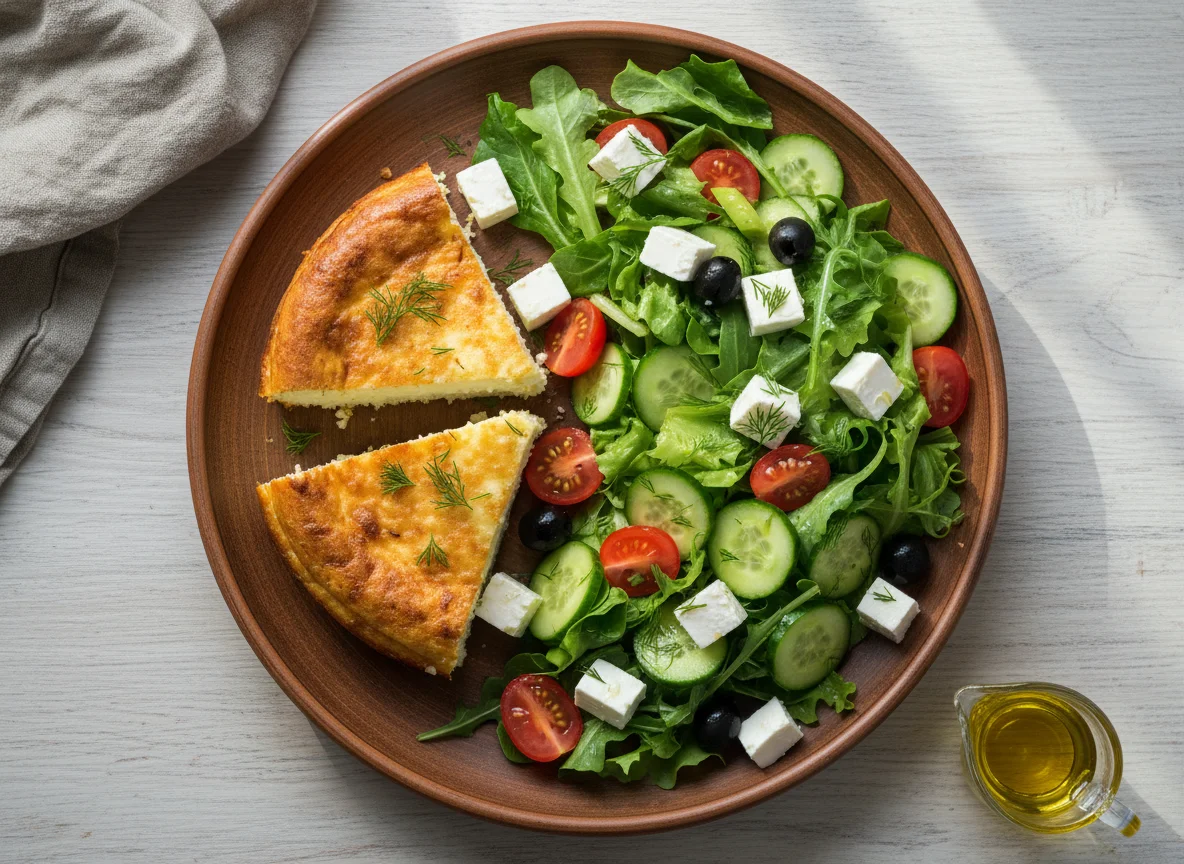 Творожная запеканка и овощной салат с фетой photo