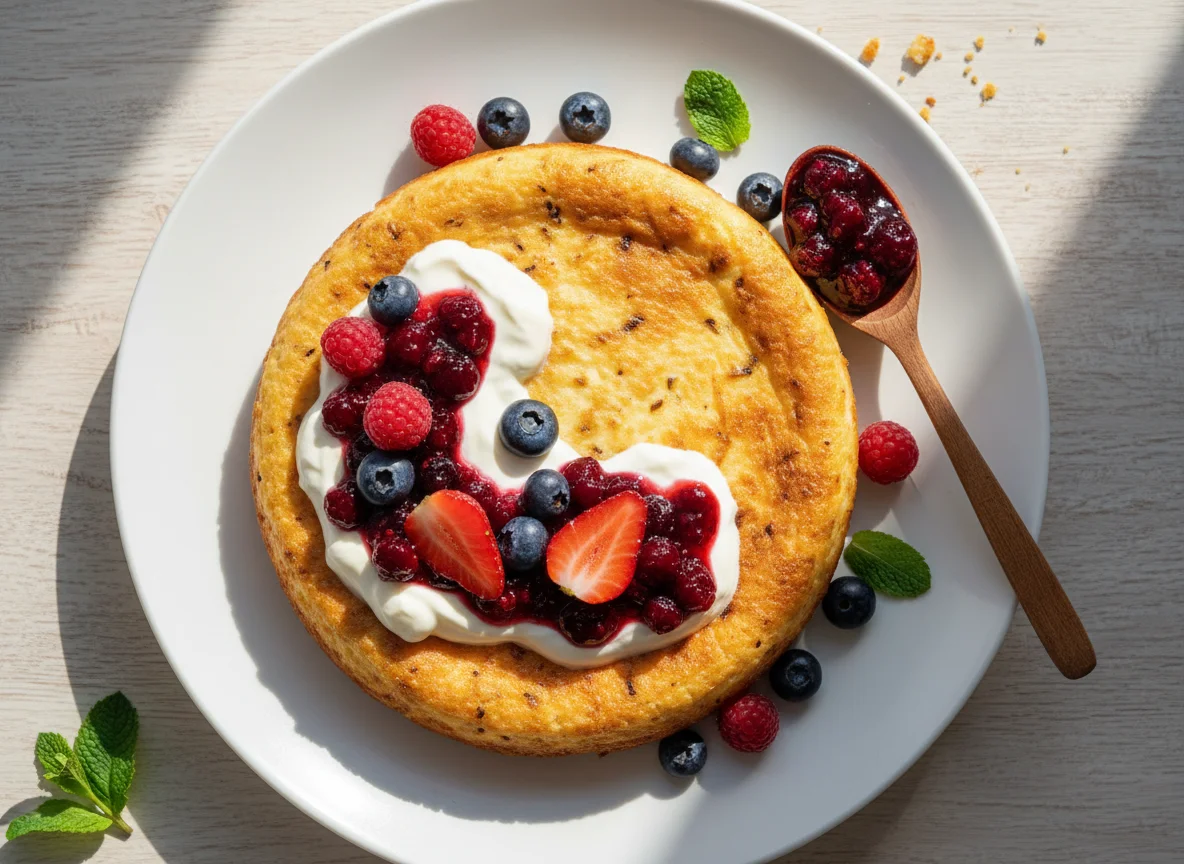 Творожная запеканка с ягодами и сметаной photo