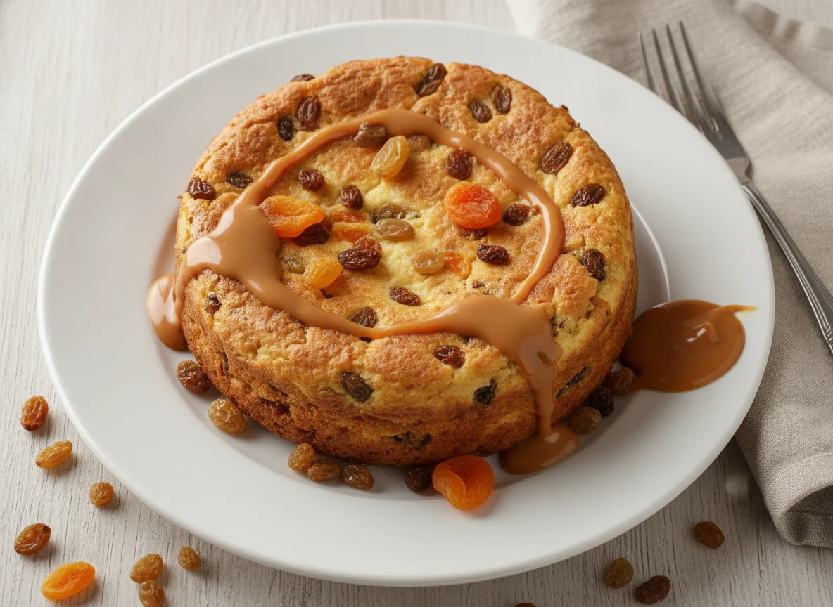 Творожная запеканка с изюмом, курагой и соусом из вареной сгущенки photo