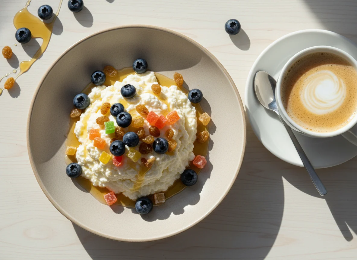 Творожный десерт с ягодами и цукатами и кофе с молоком photo