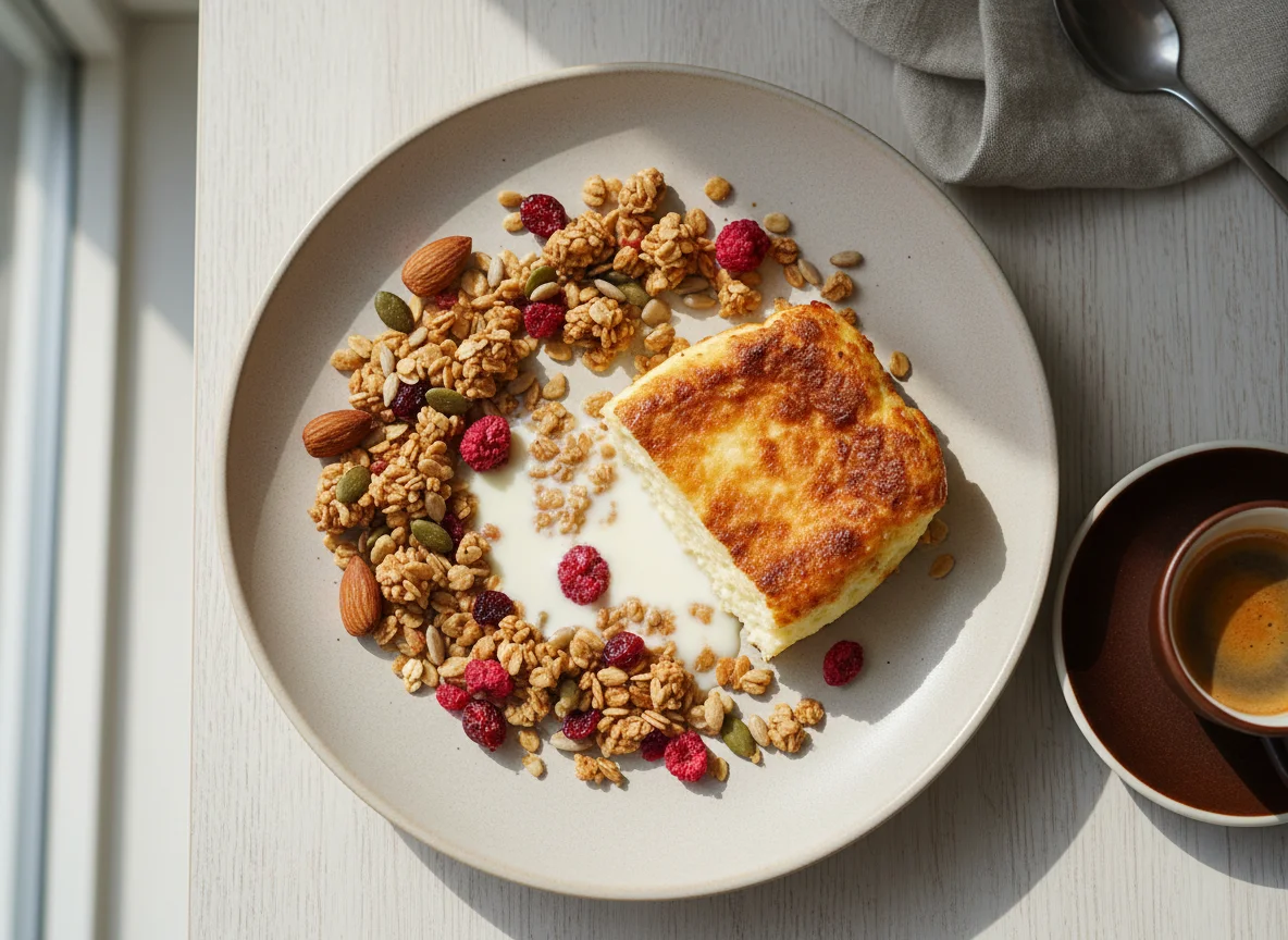 Творожный десерт с гранолой и кофе photo