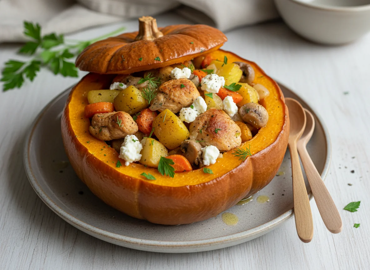 Тыква, запеченная с мясом, грибами и овощами photo