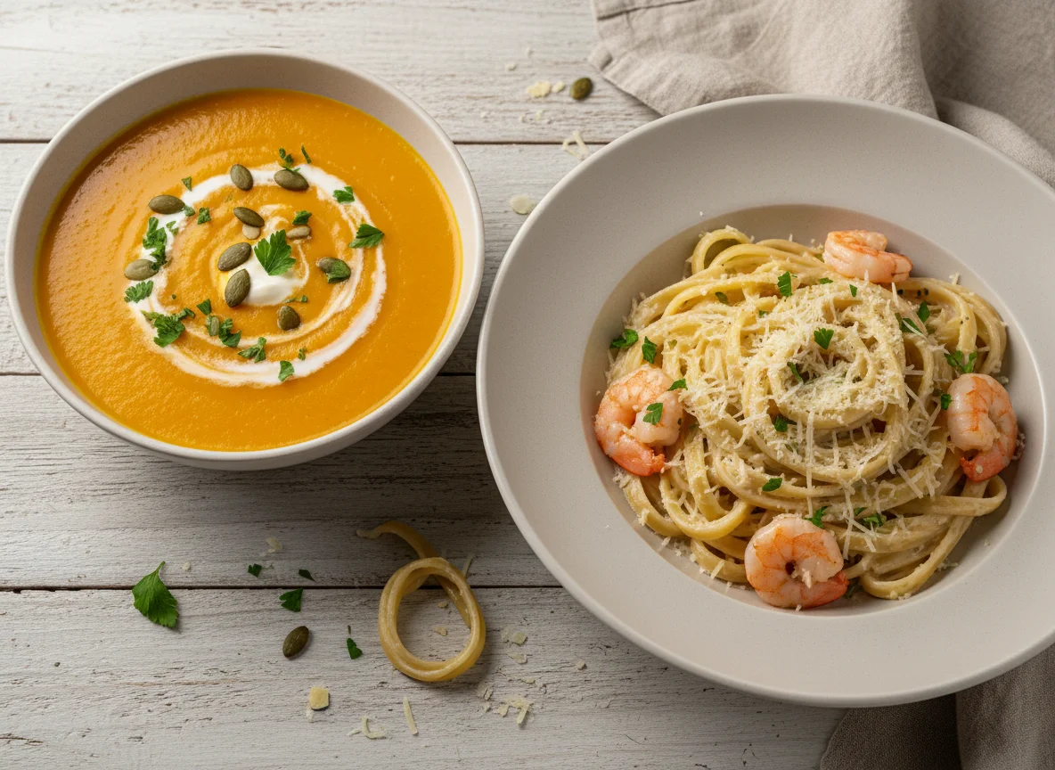 Тыквенный суп и паста с креветками photo