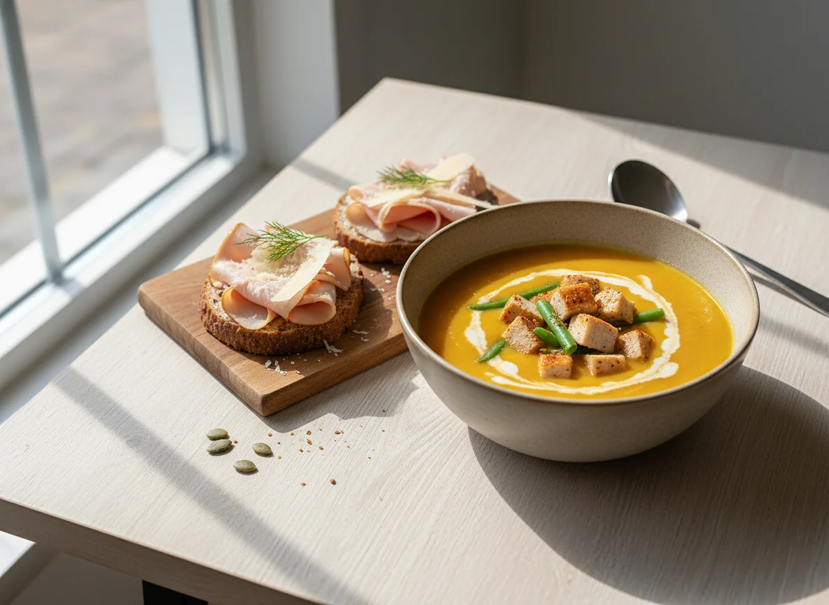 Тыквенный суп-пюре с индейкой и бутерброды photo