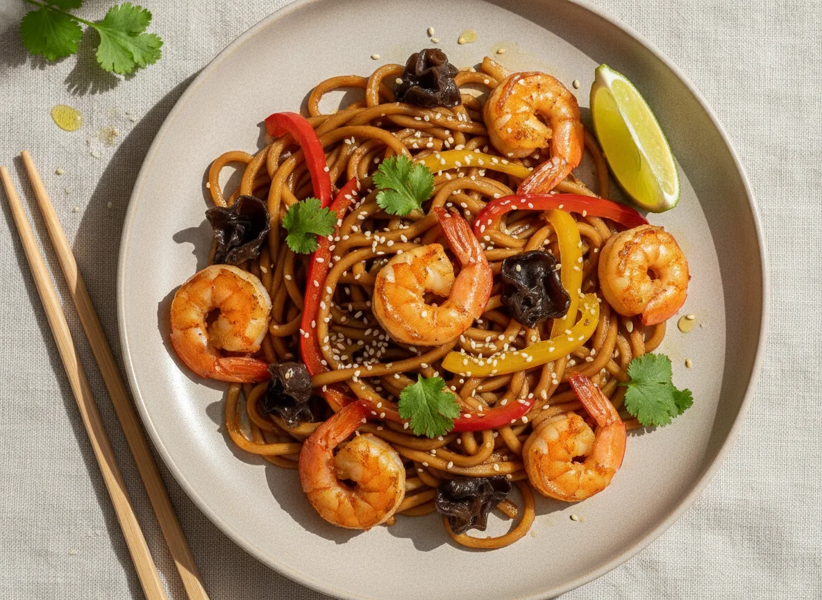 Удон с креветками и овощами photo