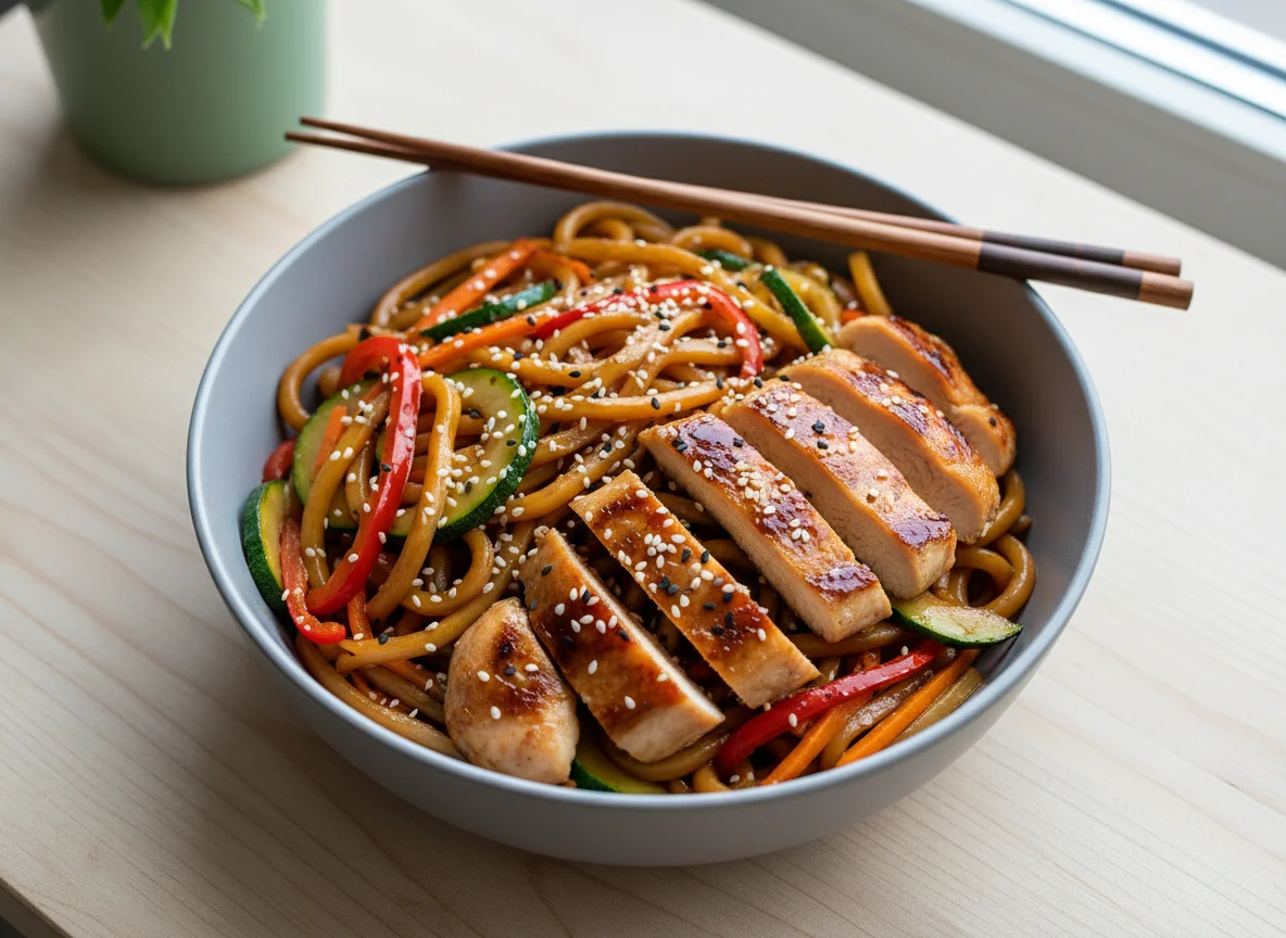 Удон с курицей терияки с цукини и сладким перцем photo