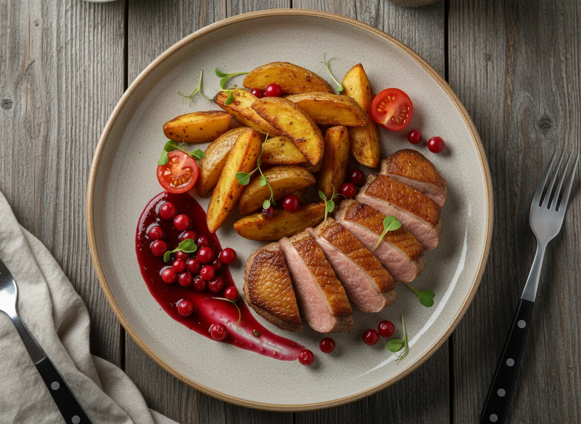 Утиная грудка с картофелем и брусничным соусом photo