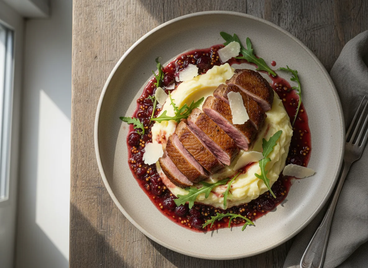 Утиная грудка с пюре и соусом photo