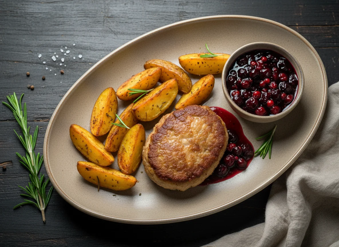 Утиный бифштекс с картофелем по-деревенски и соусом photo