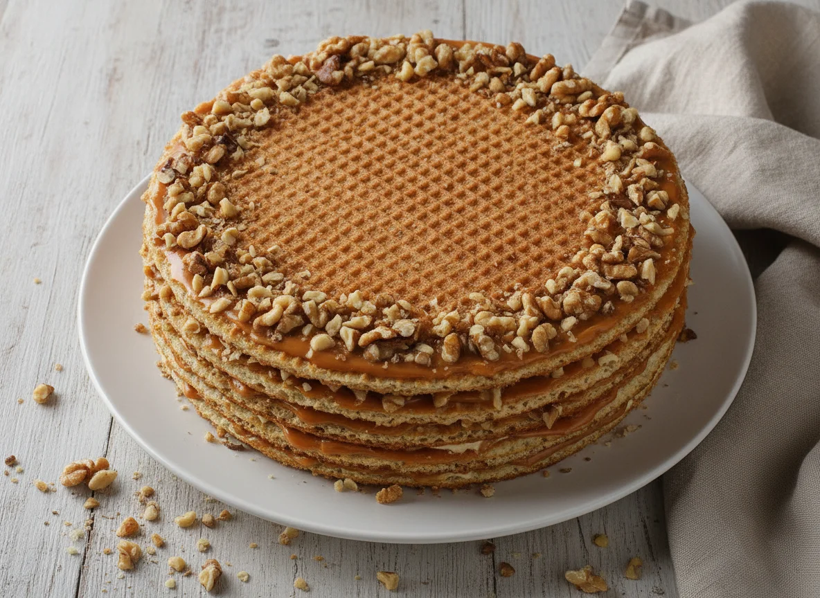 Вафельный торт со сгущенкой и орехами photo