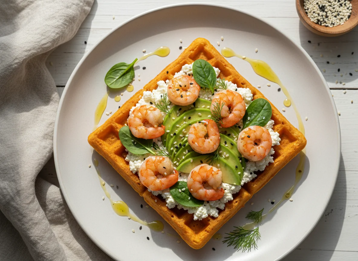 Вафля из батата с креветками, авокадо и творожным сыром photo
