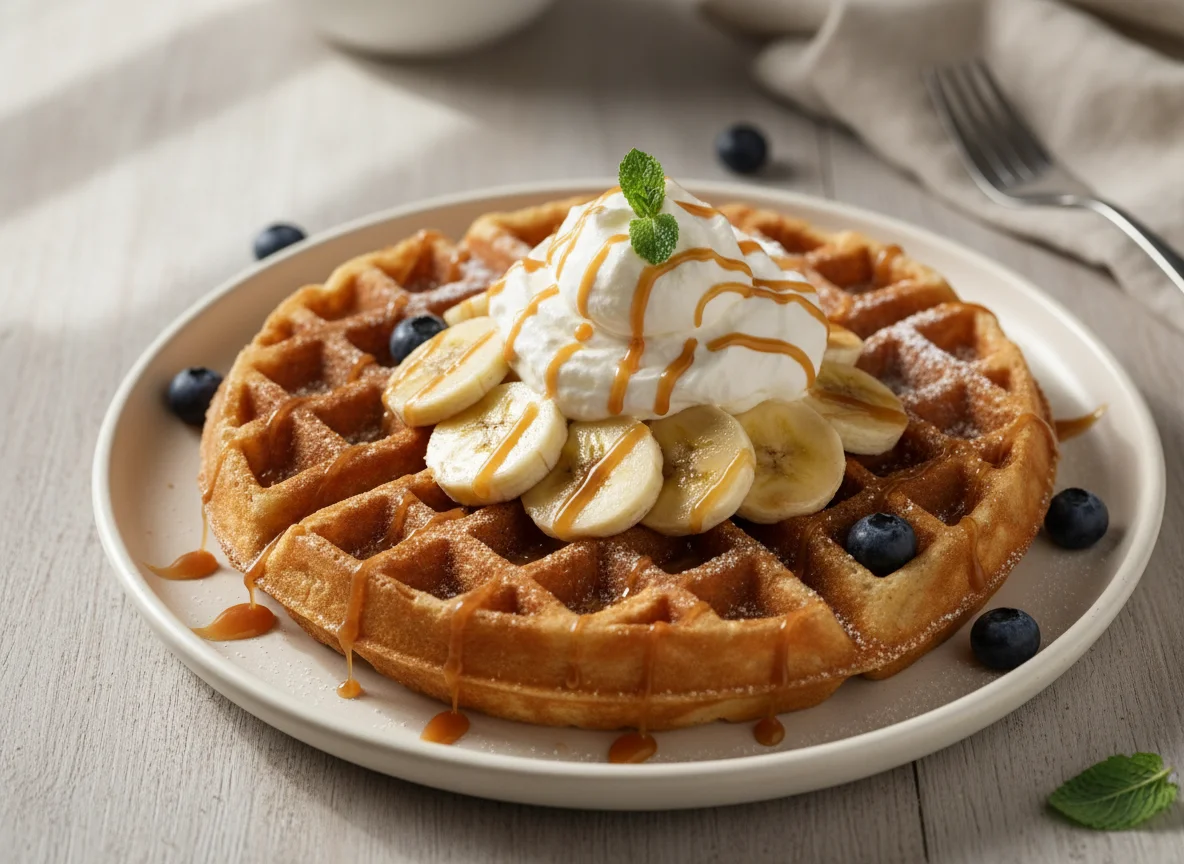 Вафля с бананом и взбитыми сливками photo